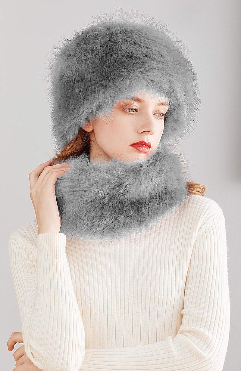 Lovful Winter Faux Fur Women Russian Cossak Hat Scarf Set,Grey - Image 3